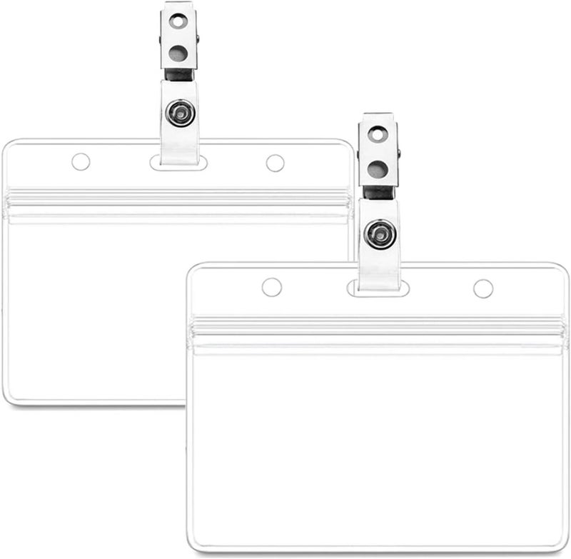 KingSom 100 Pack Waterproof Horizontal ID Badge Holder Horizontal Clear PVC Name Holder Tags with Badge Clip Straps (100 Pack,) - Image 1